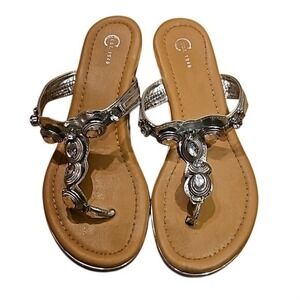 Cato Low Wedge Sandals 9 Rhinestone Embellished Silver Metallic Women Shoes Flat